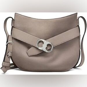 Tory Burch‎ Gemini Link Leather Crossbody Hobo Medium French Gray Pebbled Silver